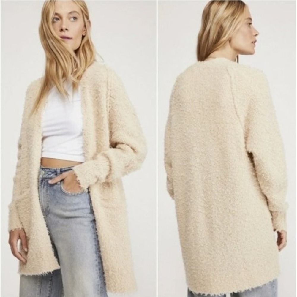 Free People Once In A Lifetime Cream Boucle Wool Blend Open Front Cardigan Med